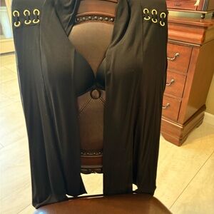 Black Women's Open-Front Draped Top with Gold Grommet Detail